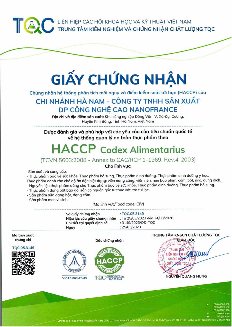 Chứng nhận HACCP Nano Group